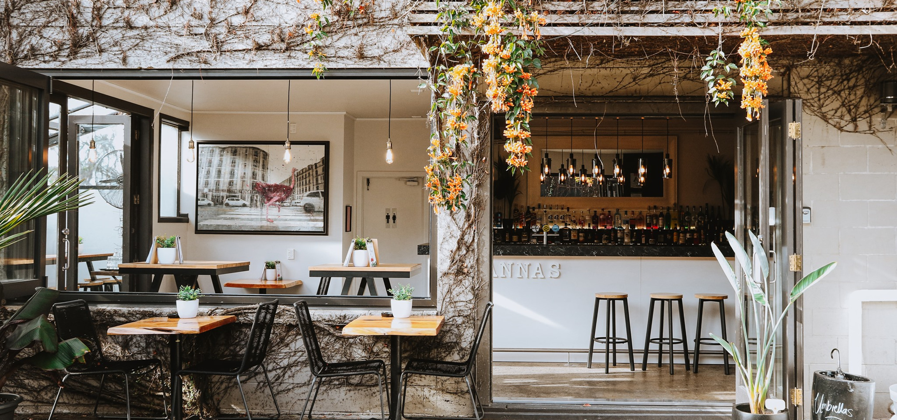 An inviting garden bar area with lush vines and outdoor seating at Rosanna's in Auckland.