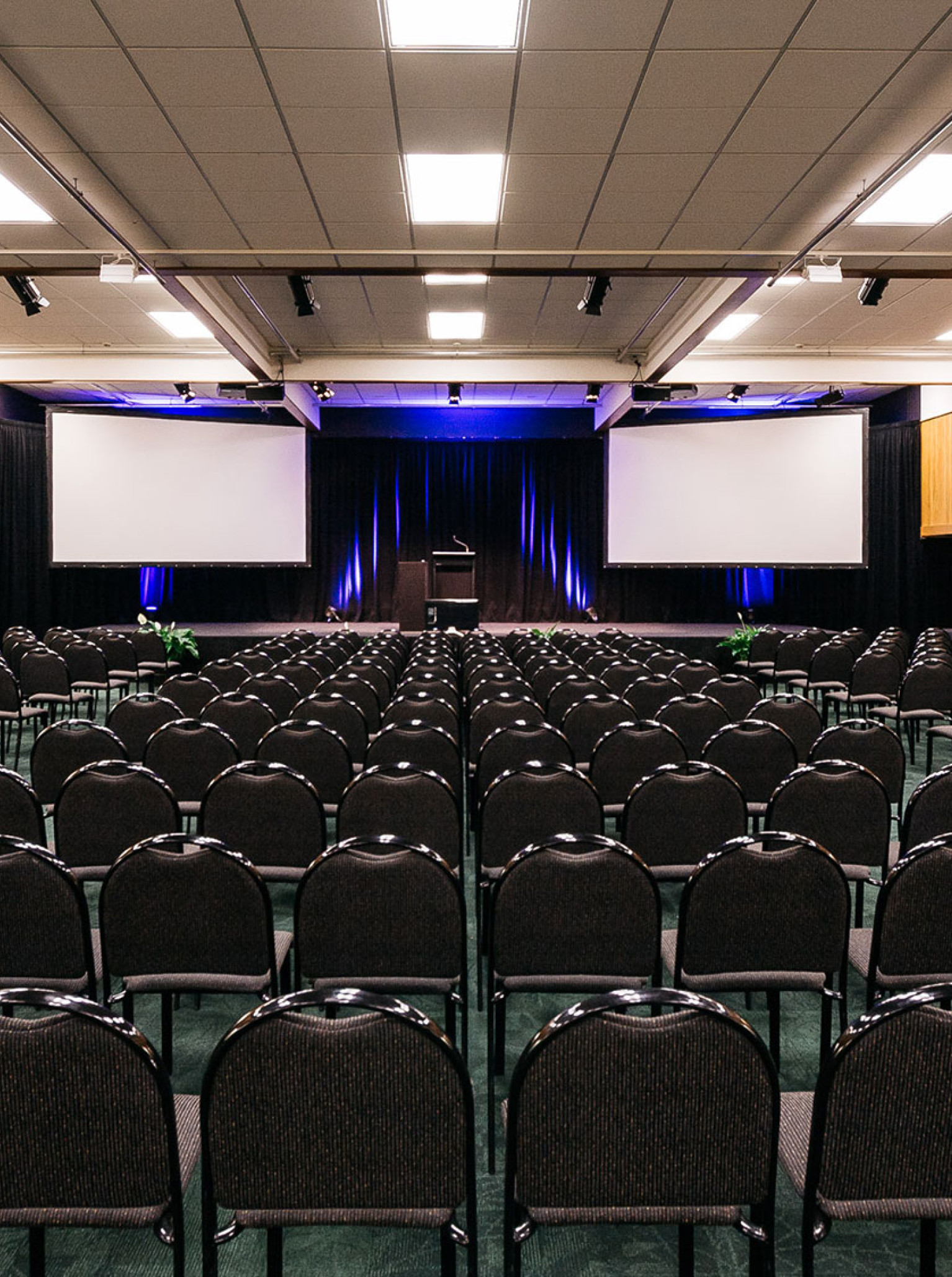 A modern, purpose-built theatre-style conference room at Palmy Conference + Function Centre, Palmerston North, with dual screens.