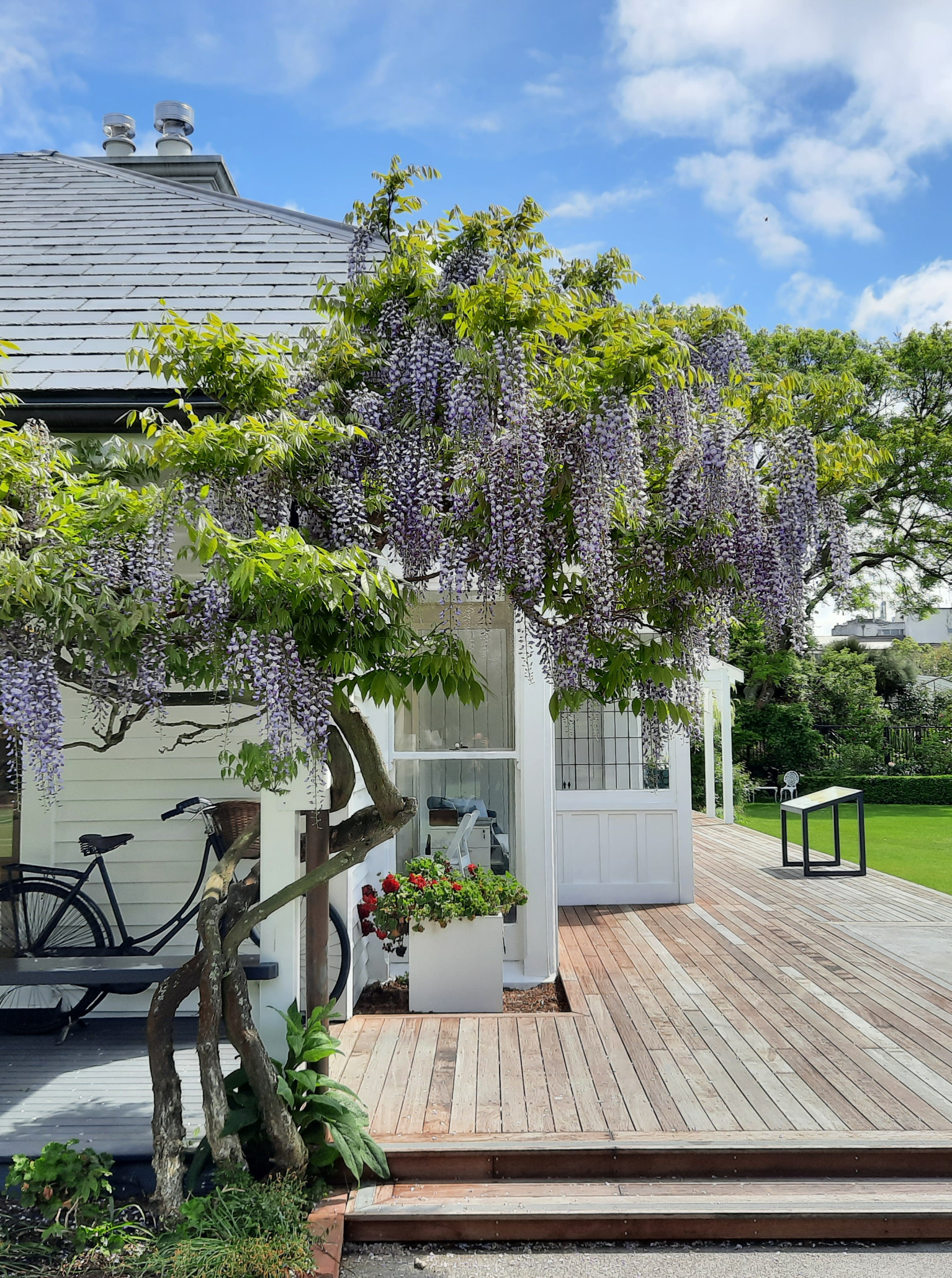 The historic Kate Sheppard House, a villa in Christchurch, features a wisteria-covered outdoor deck leading to lush gardens.