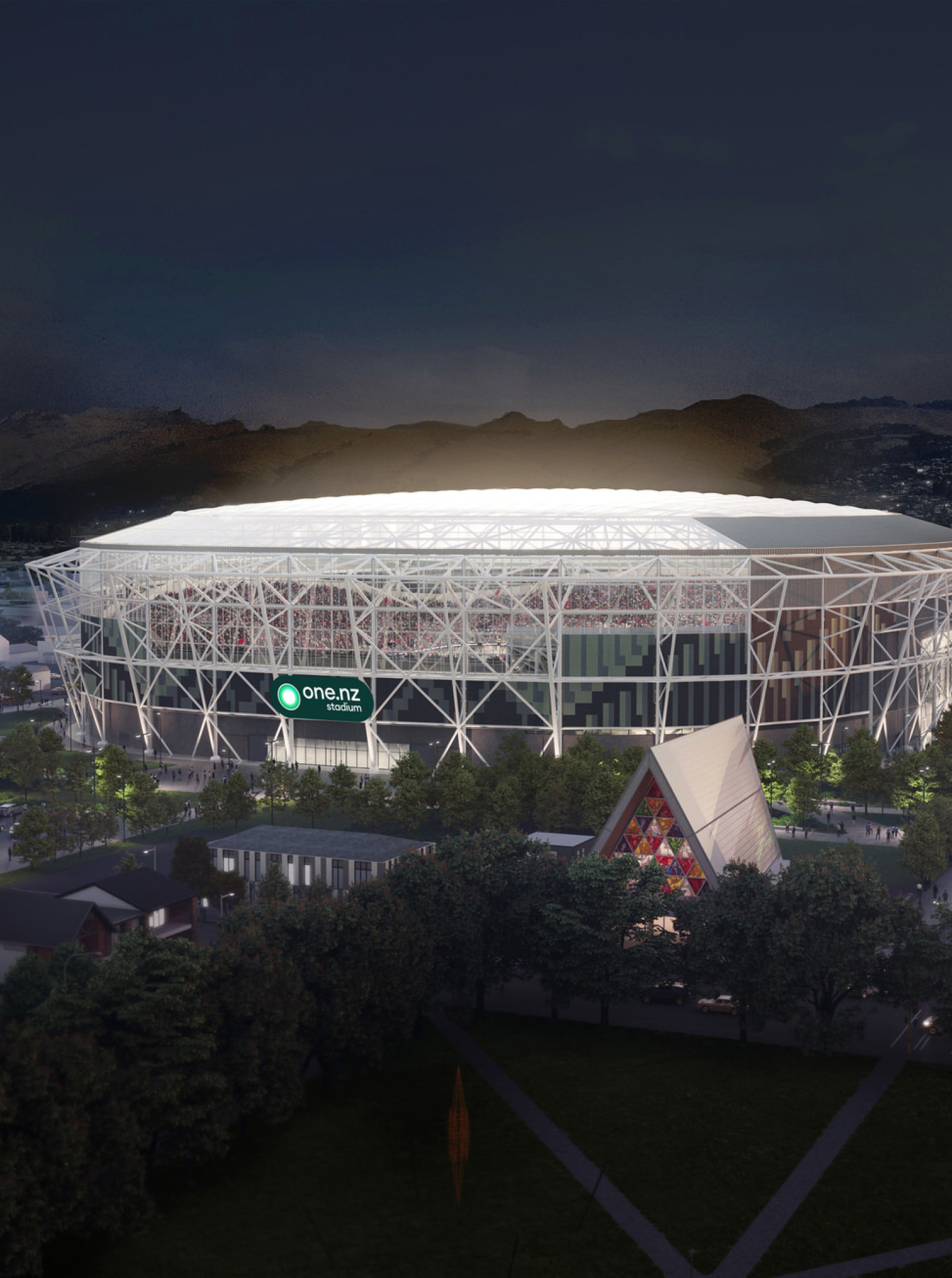 Aerial view of One New Zealand Stadium at night