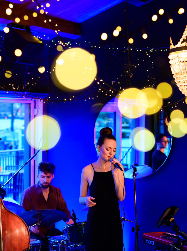 Wellington Bands performs in an intimate Wellington venue, featuring ambient blue lighting, festive string lights, and a grand chandelier.