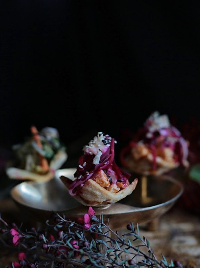 Canapé Company Wellington's innovative presentation of three artistic canapés in delicate pastry cups.
