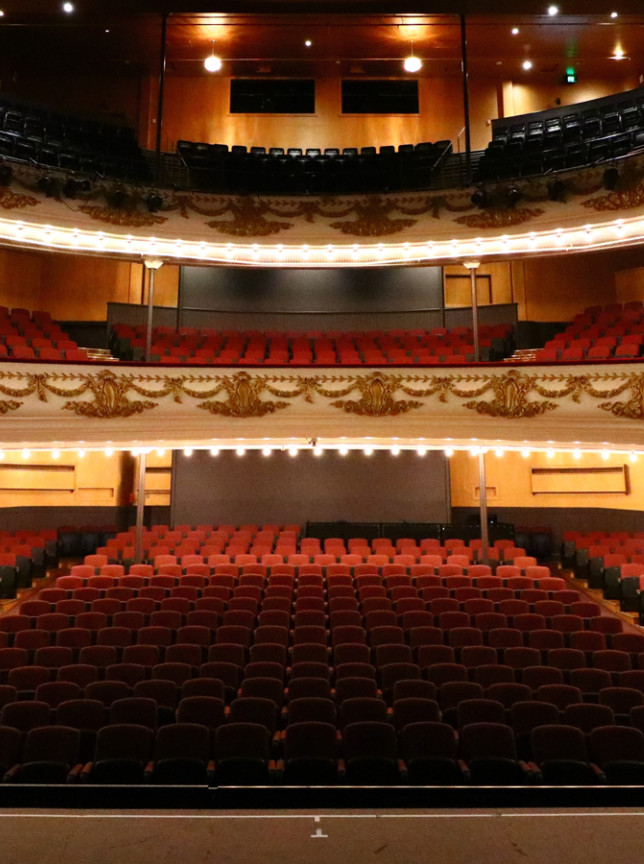 A grand, heritage-protected theatre auditorium with ornate trim and red seating at TSB Showplace in New Plymouth.