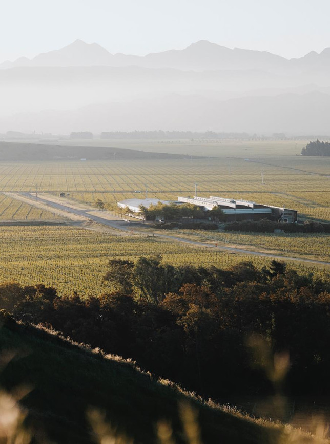 Spy Valley Wine's modern, timber-clad winery blends into Marlborough's expansive vineyards and mountain landscape.