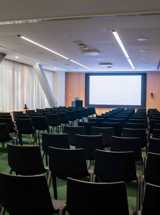 A modern theatre-style presentation room at the contemporary Bowen Campus by Precinct Flex in Wellington, featuring advanced AV technology and clean design.