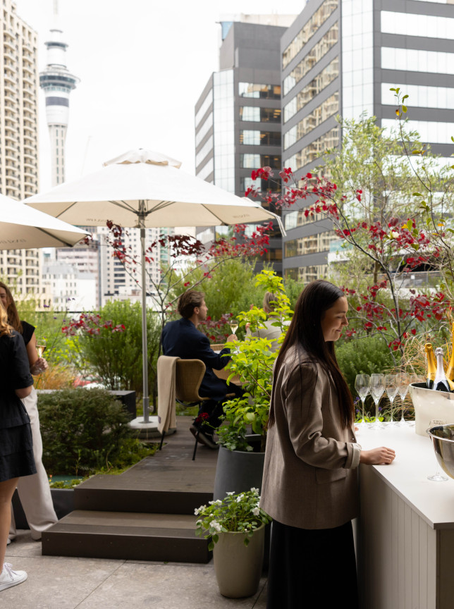 Onslow Auckland's sophisticated modern garden terrace provides an urban oasis for guests enjoying an outdoor drinks reception.