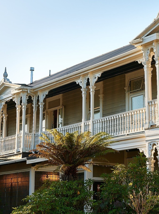 Ornate balconies adorn the historic Victorian facade of the Prince's Gate Hotel in Rotorua.
