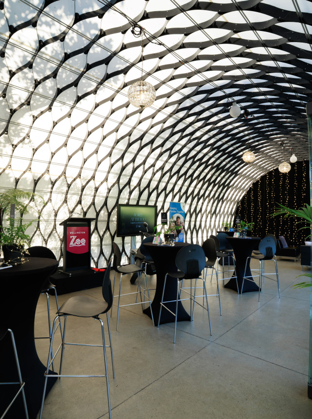 This architecturally award-winning event space, featuring a distinctive curved lattice ceiling, is located at Te Nukuao Wellington Zoo.