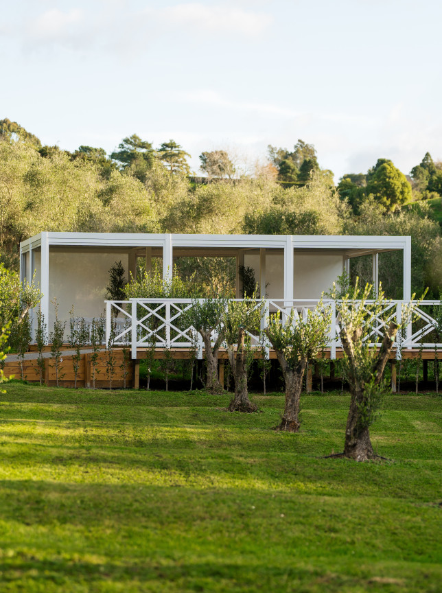 The modern outdoor pavilion at Bracu Estate, Auckland, offers an elegant event space amidst Mediterranean-inspired olive groves.