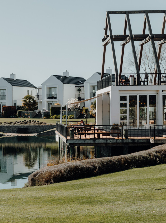 Peppers Clearwater, Christchurch, offers a modern boathouse-style lakeside dining deck overlooking the water.