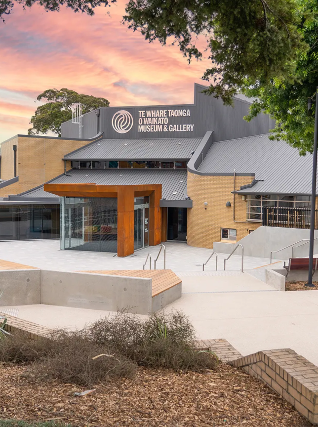 Hamilton's Te Whare Taonga o Waikato Museum & Gallery showcases its modern, environmentally integrated design and corten steel entrance.