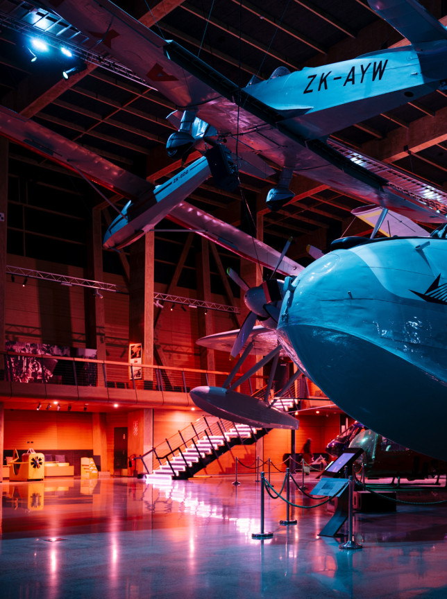 MOTAT Aviation Hall in Auckland presents historic aircraft within its distinctive timber-framed event space.