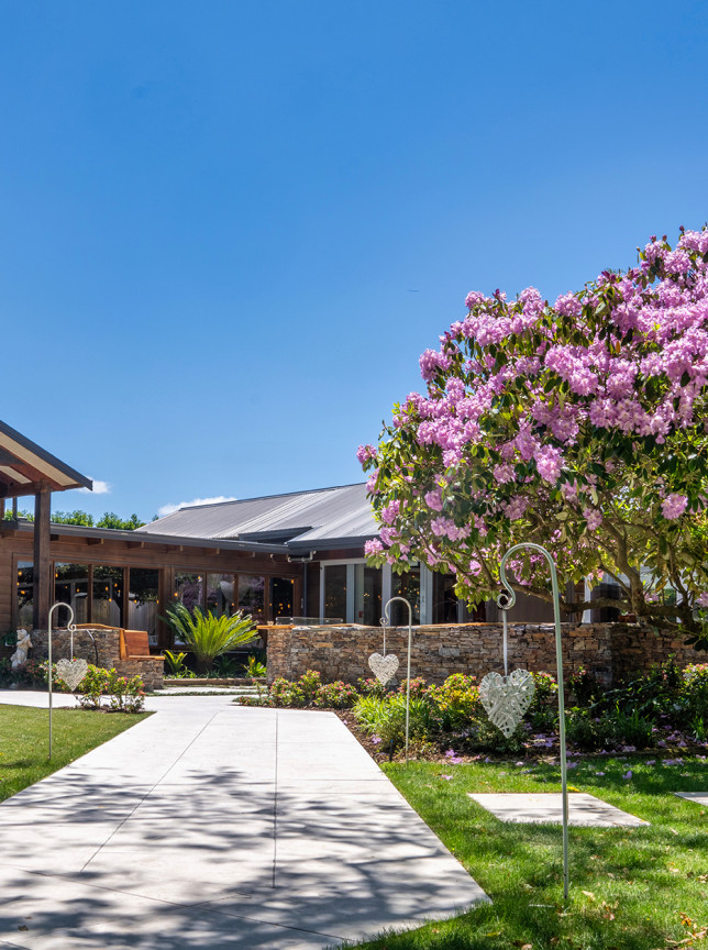 A picturesque garden path with a large pink blossoming tree at Markovina Vineyard Estate, Auckland, reflecting its natural elegance.