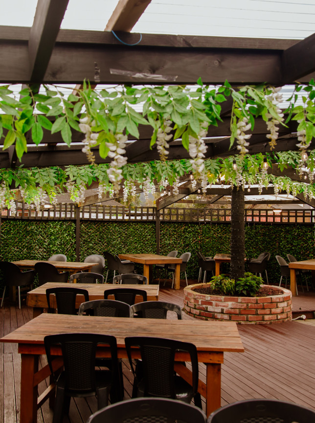 A rustic, garden-inspired outdoor dining area with a wooden deck and hanging foliage at The Tote in Wellington.