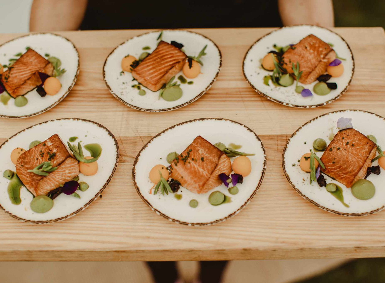 Elegantly plated salmon dishes, showcasing Source Kitchen Auckland's high-end bespoke catering.