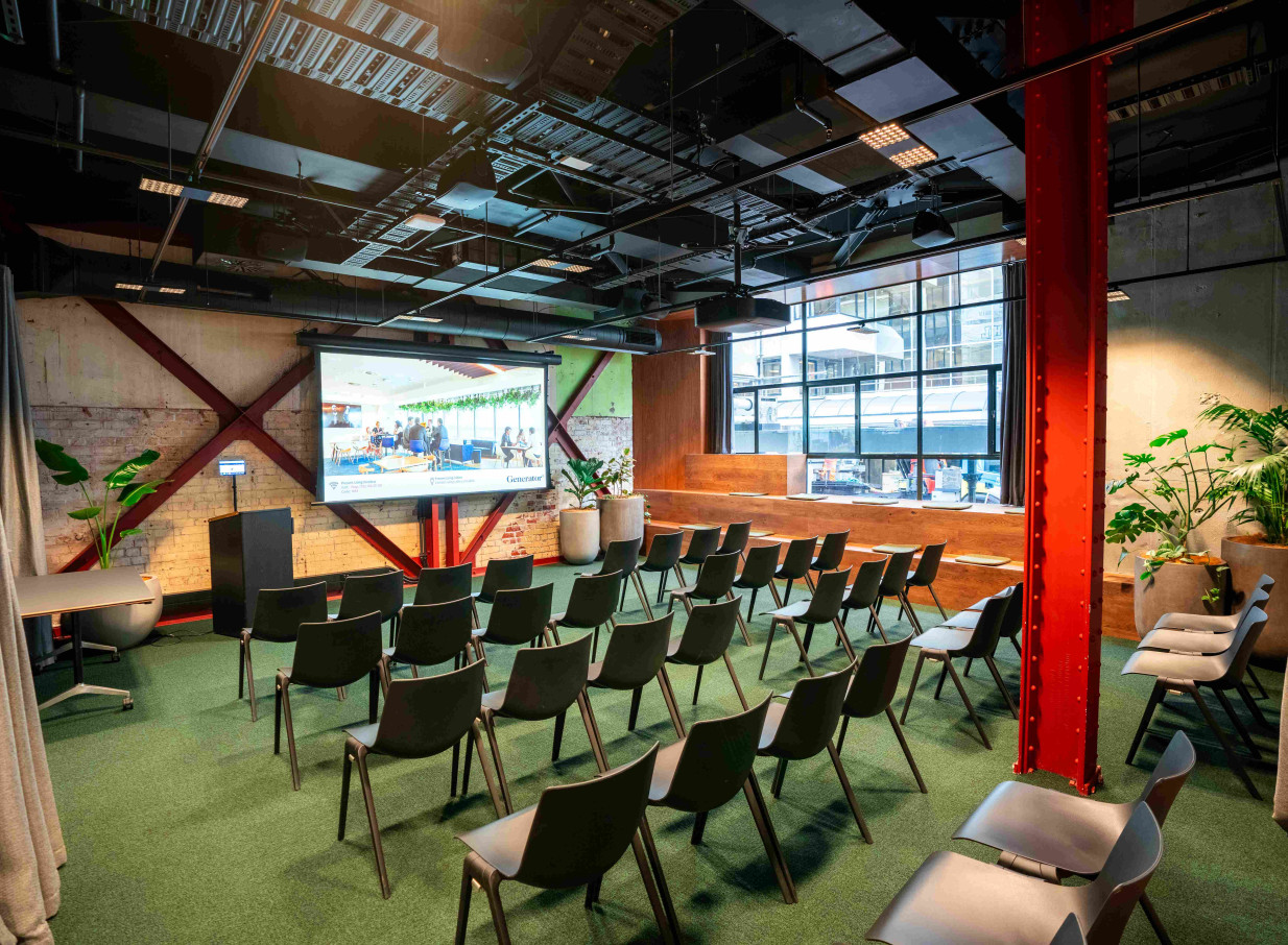 An industrial-chic presentation room at 30 Waring Taylor St by Precinct Flex, a redeveloped Art Deco venue in Wellington.