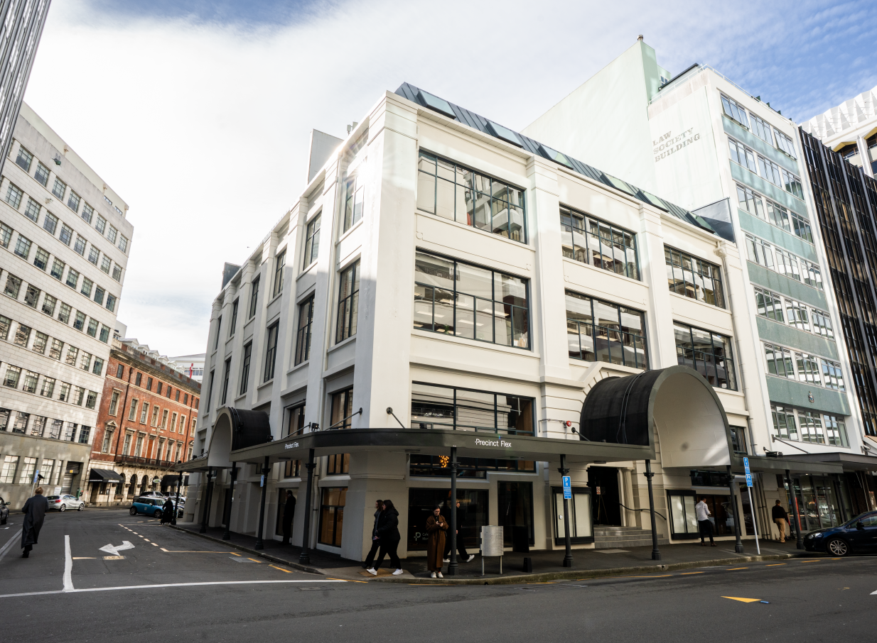 The refurbished Art Deco exterior of 30 Waring Taylor St by Precinct Flex in Wellington, home to contemporary co-working and event spaces.