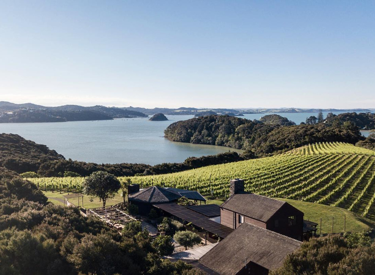 Omata Estate in the Bay of Islands offers a rustic-modern winery and vineyard setting with stunning ocean views.