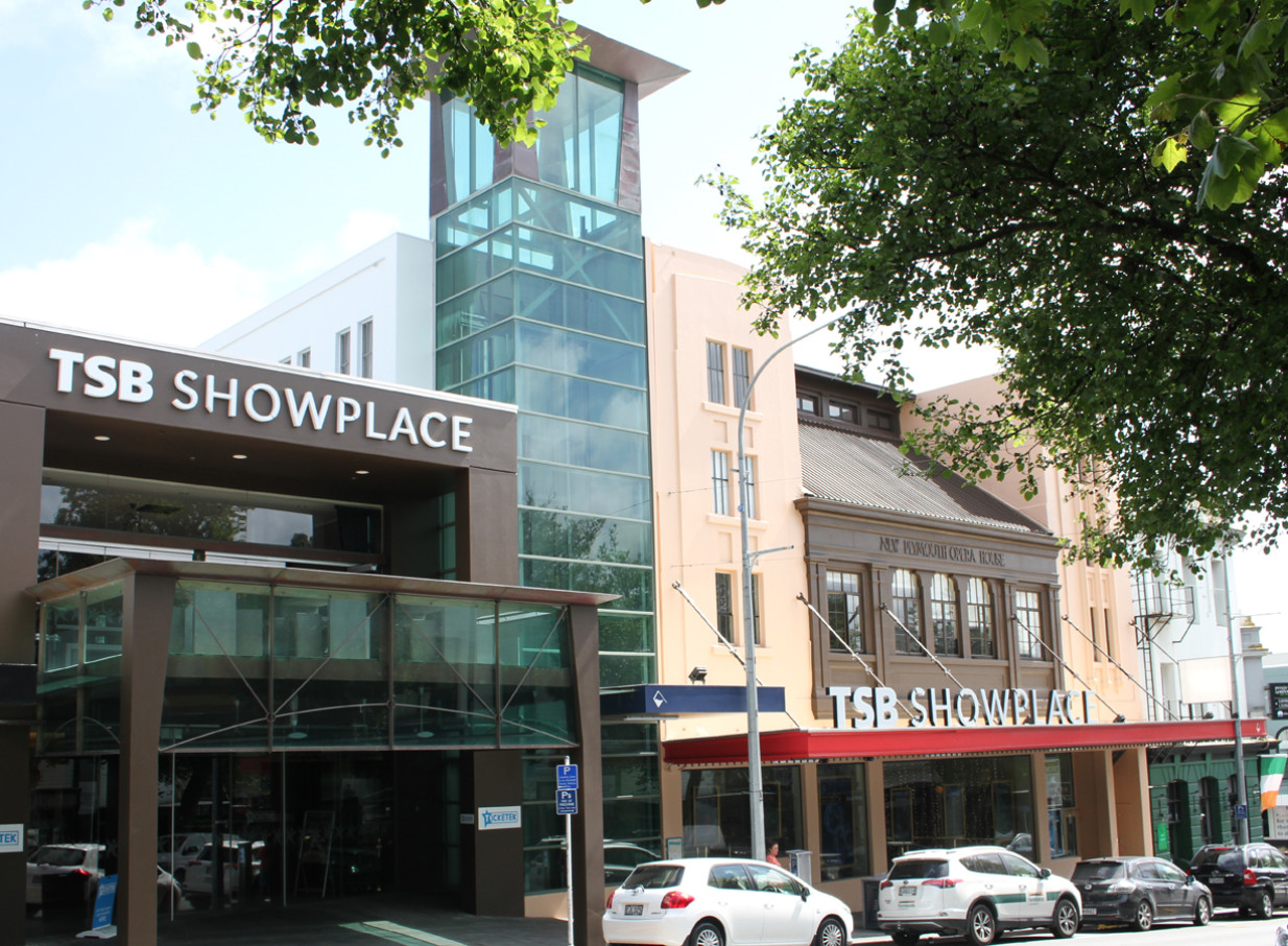The TSB Showplace in New Plymouth, a performing arts venue, showcases its blend of historic architecture and modern glass entrance.