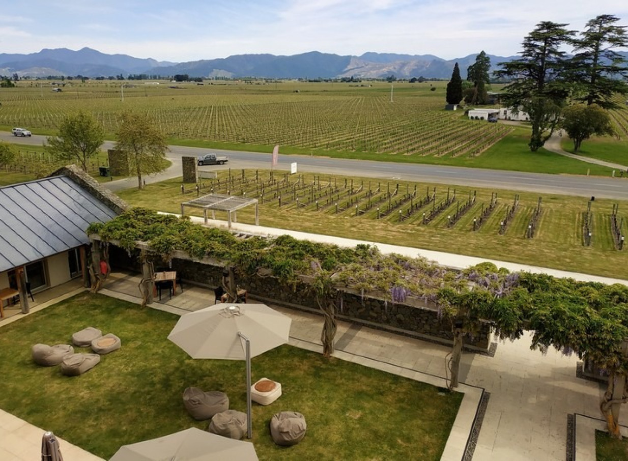 The modern outdoor lounge area of Wither Hills' award-winning cellar door in Marlborough offers expansive vineyard views.