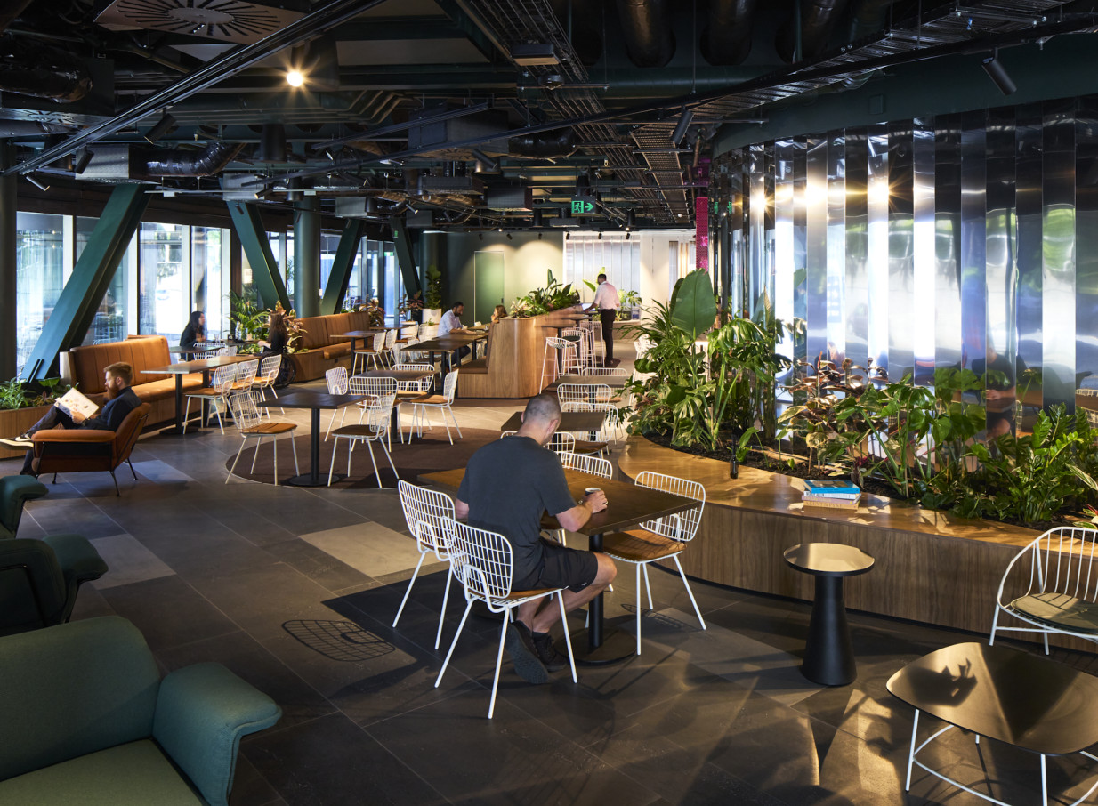 This modern biophilic collaborative workspace with industrial-chic details is found at Bowen Campus by Precinct Flex in Wellington.