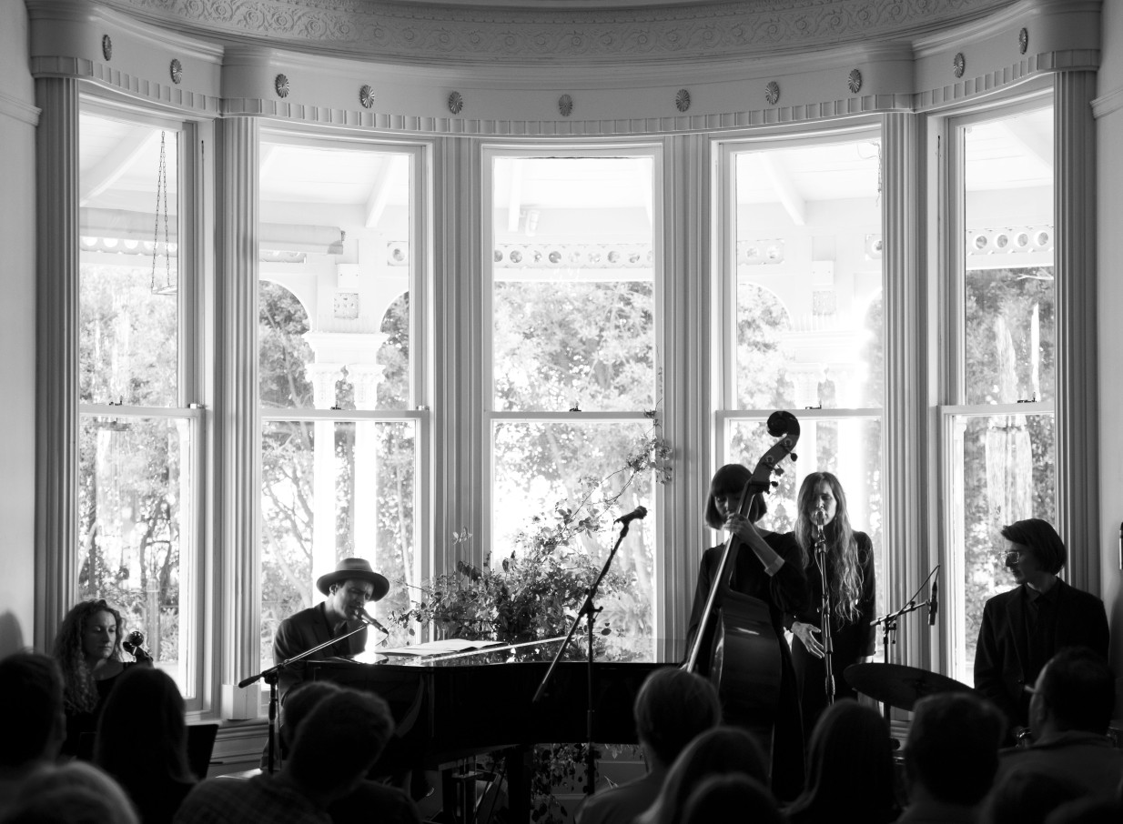Musicians perform in the grand Italianate space of The Arts House Trust at Pah Homestead, Auckland.