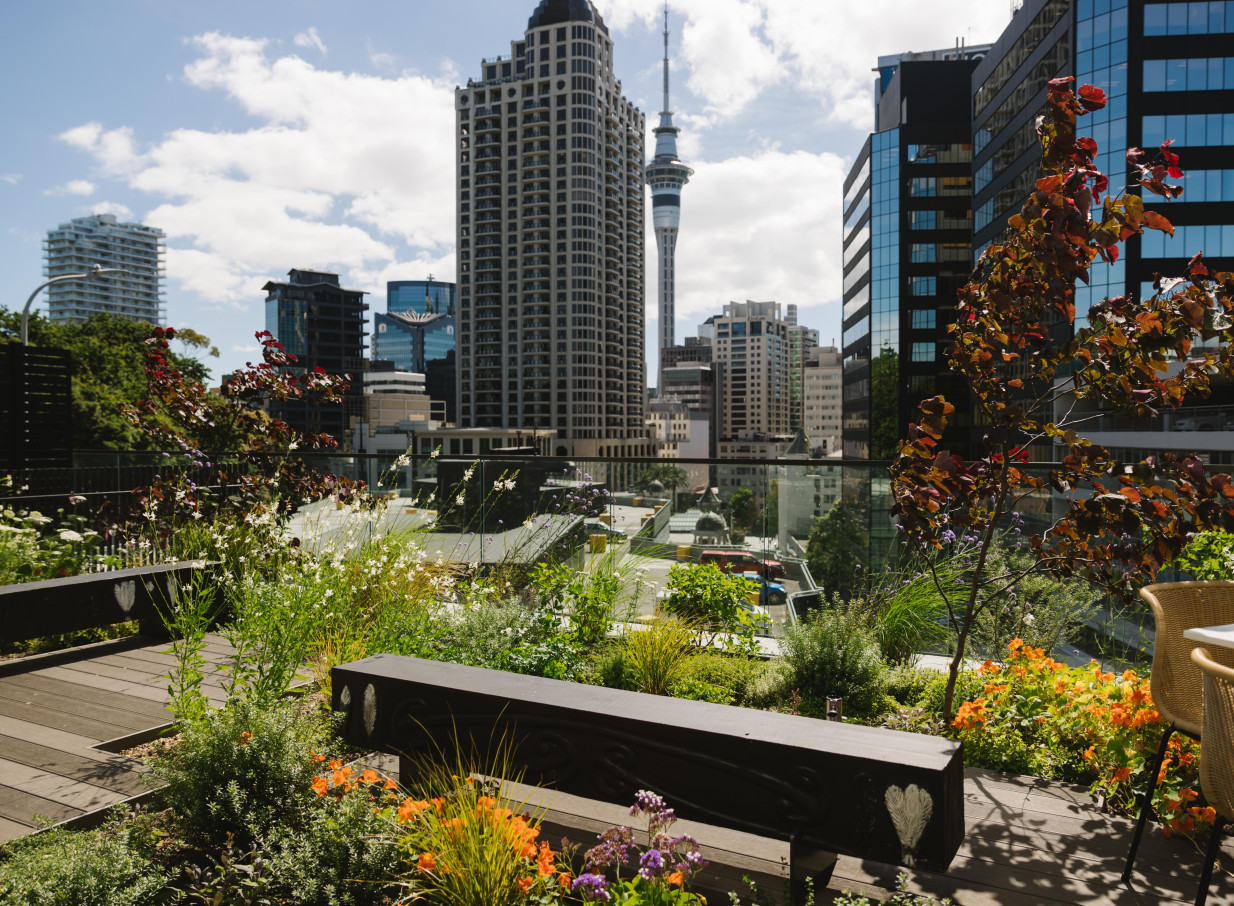 Onslow Auckland's sophisticated garden terrace offers an urban oasis of greenery and seating with stunning city and Sky Tower views.