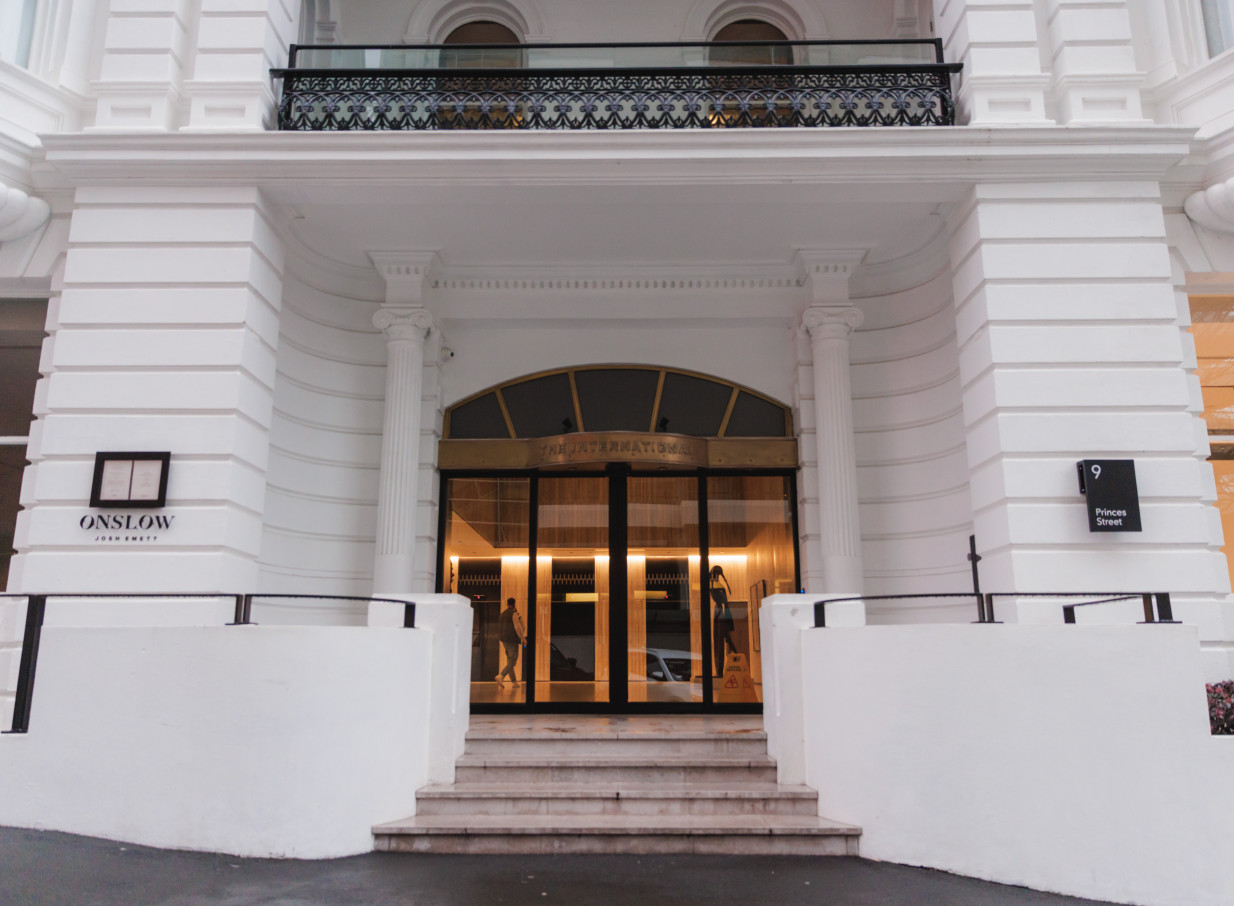 Auckland's Onslow restaurant features an elegant entrance within The International's historic Edwardian facade.