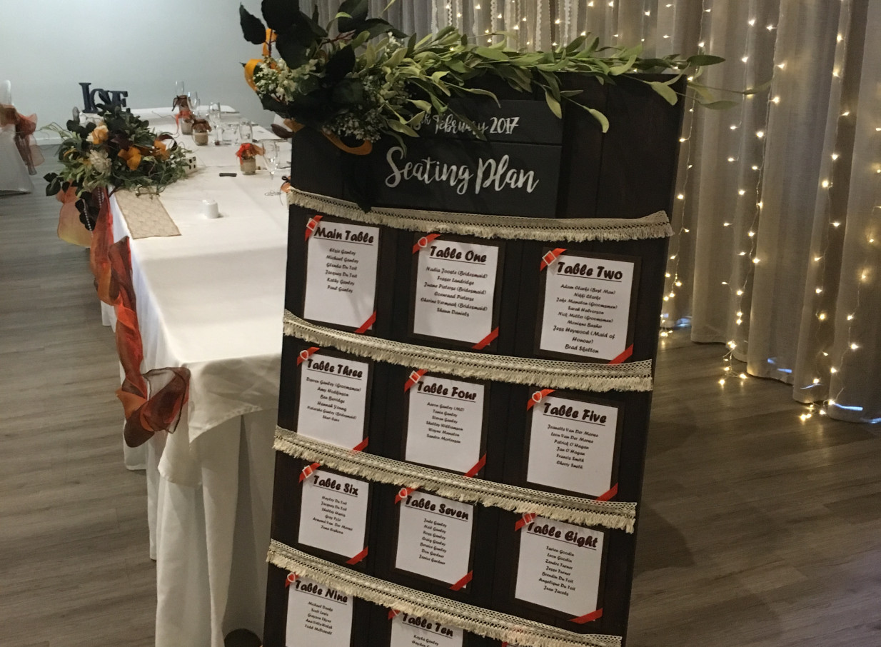 A wedding reception seating plan at the modern beachfront Taipa Beach Resort, Northland.