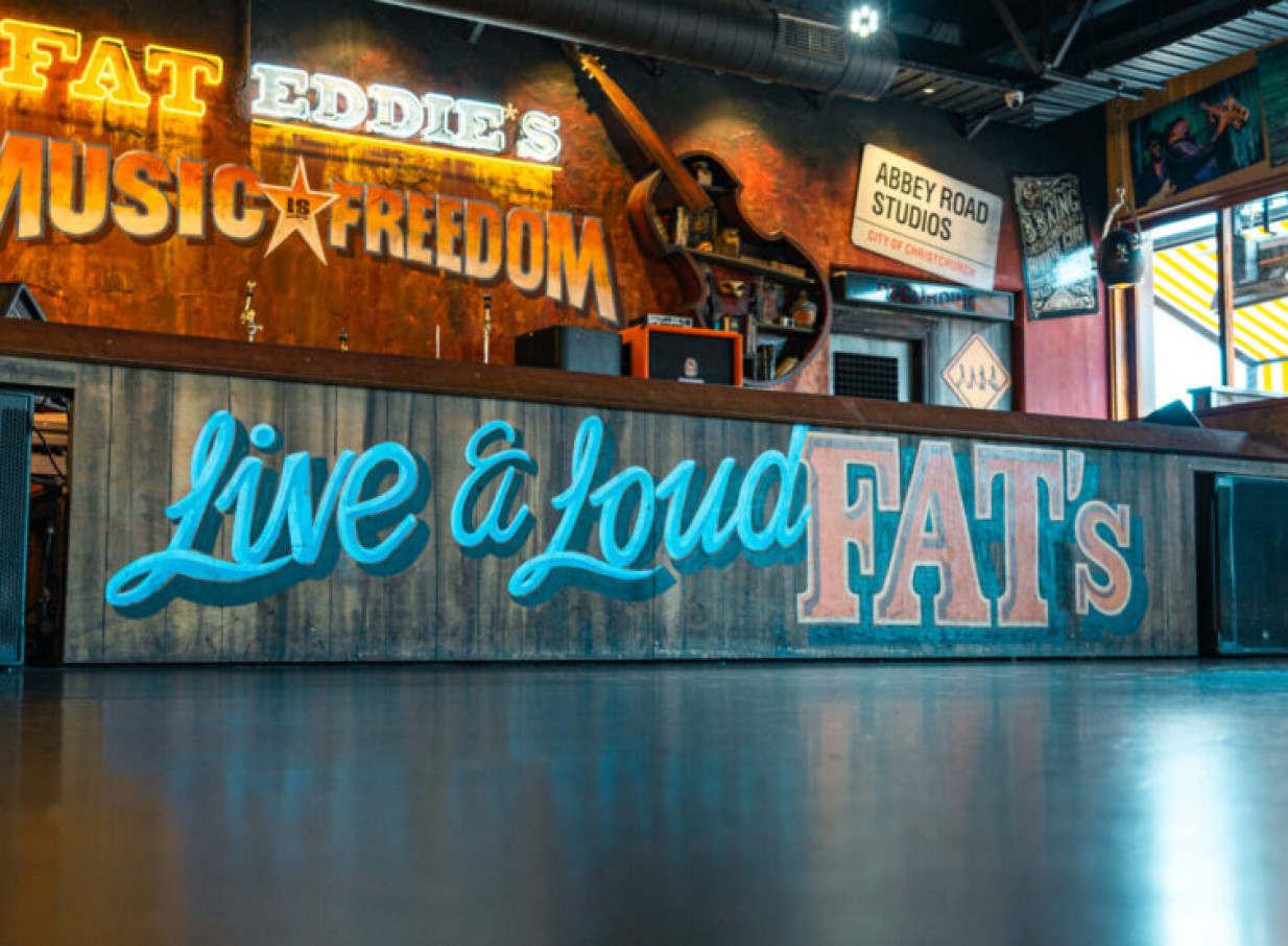 Fat Eddie's vibrant, rustic-chic stage in Christchurch, a popular spot for lively jazz and live music.