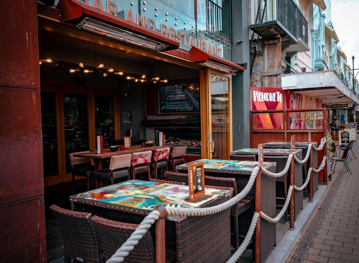 Casa Publica, a South American-inspired eatery in Christchurch, offers an inviting outdoor dining space.