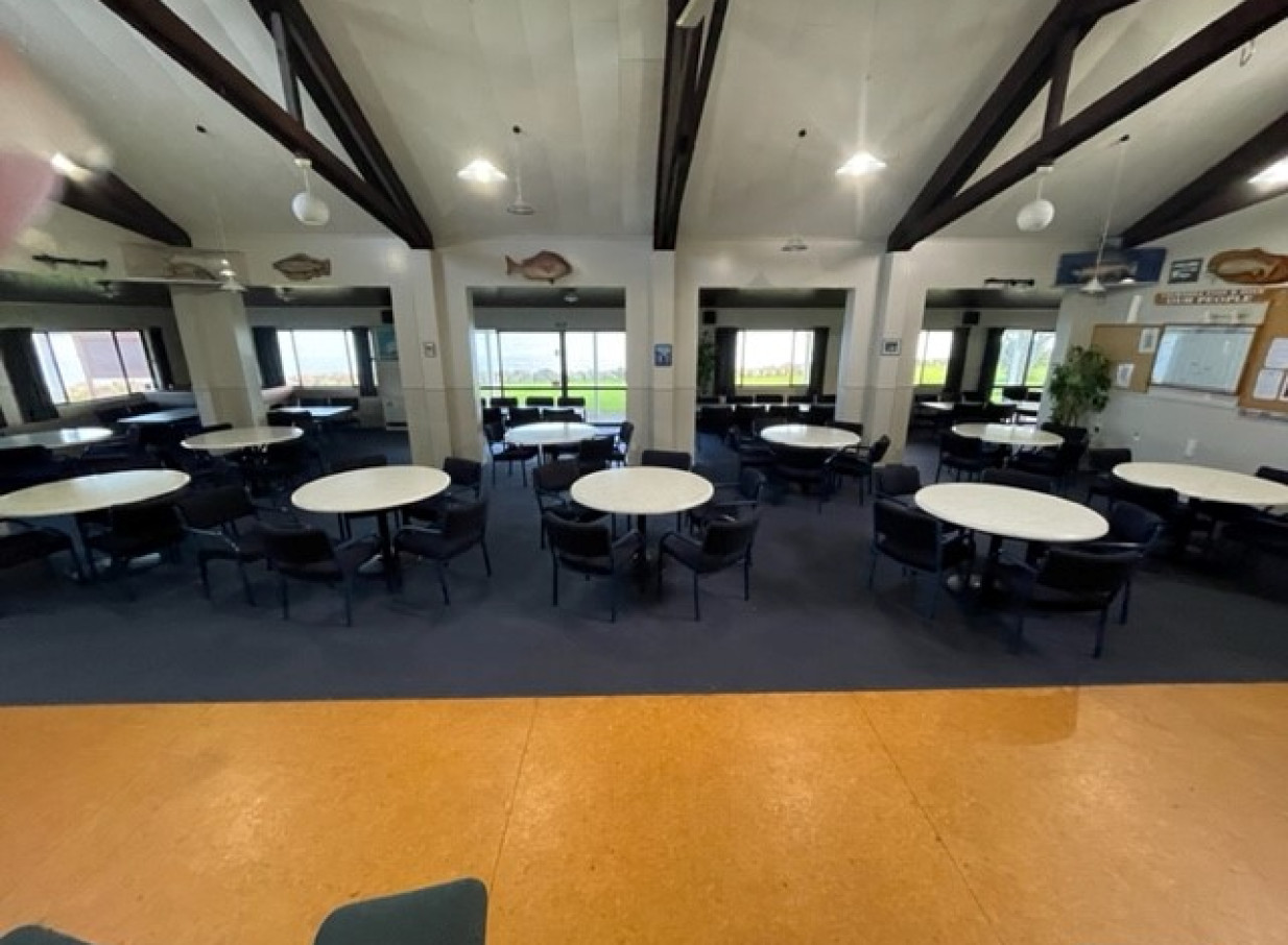 The Tauranga Fish and Dive Club's relaxed, maritime-themed function room features round dining tables and coastal views.