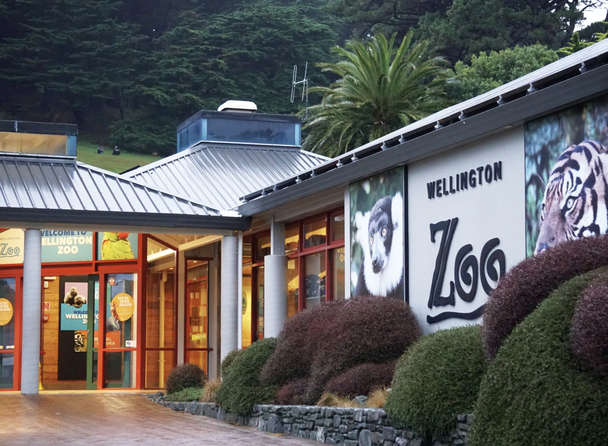 The contemporary entrance building of Te Nukuao Wellington Zoo in Wellington, with a sleek metal roof and natural landscaping.