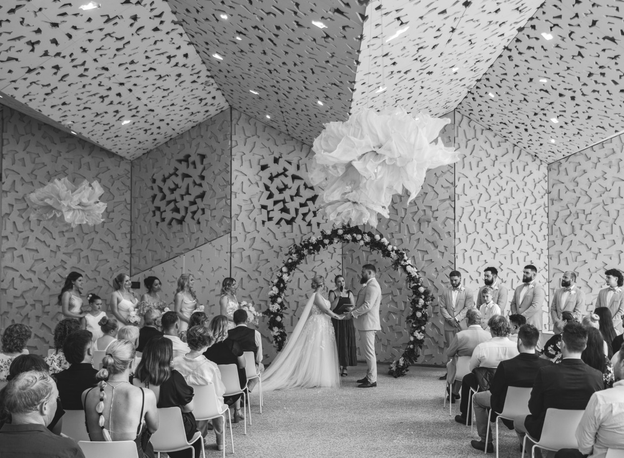 black and white photo of wedding ceremony