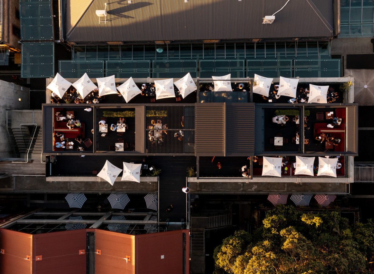 Aerial view of rooftop party at Darling on Drake