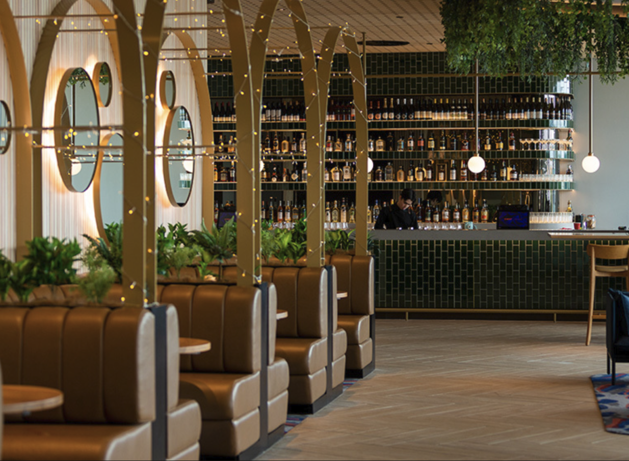 A chic, retro-inspired cinema bar and lounge with booth seating at Event Cinemas Westfield Newmarket, Auckland.
