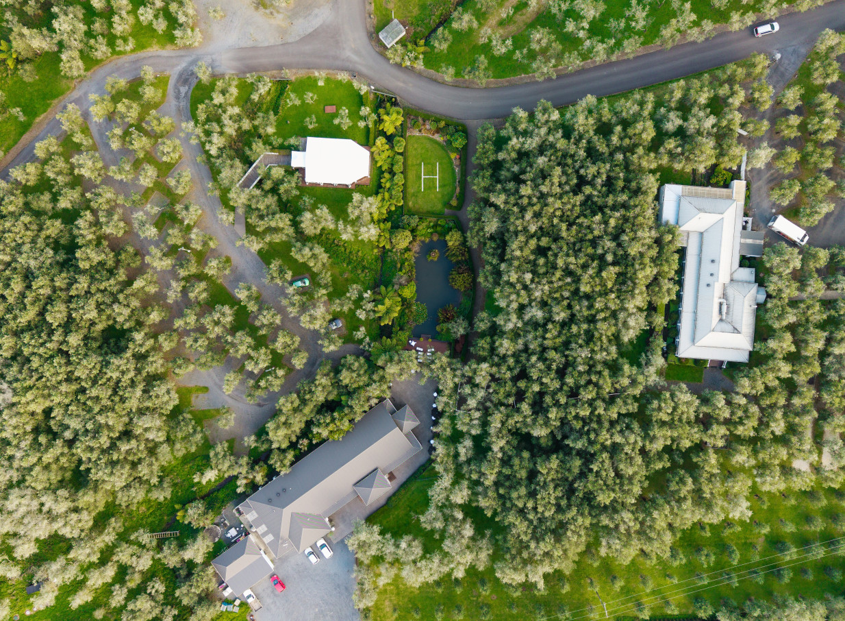 Aerial view of Bracu Estate in Auckland, a Mediterranean-inspired olive grove estate with diverse event venues.