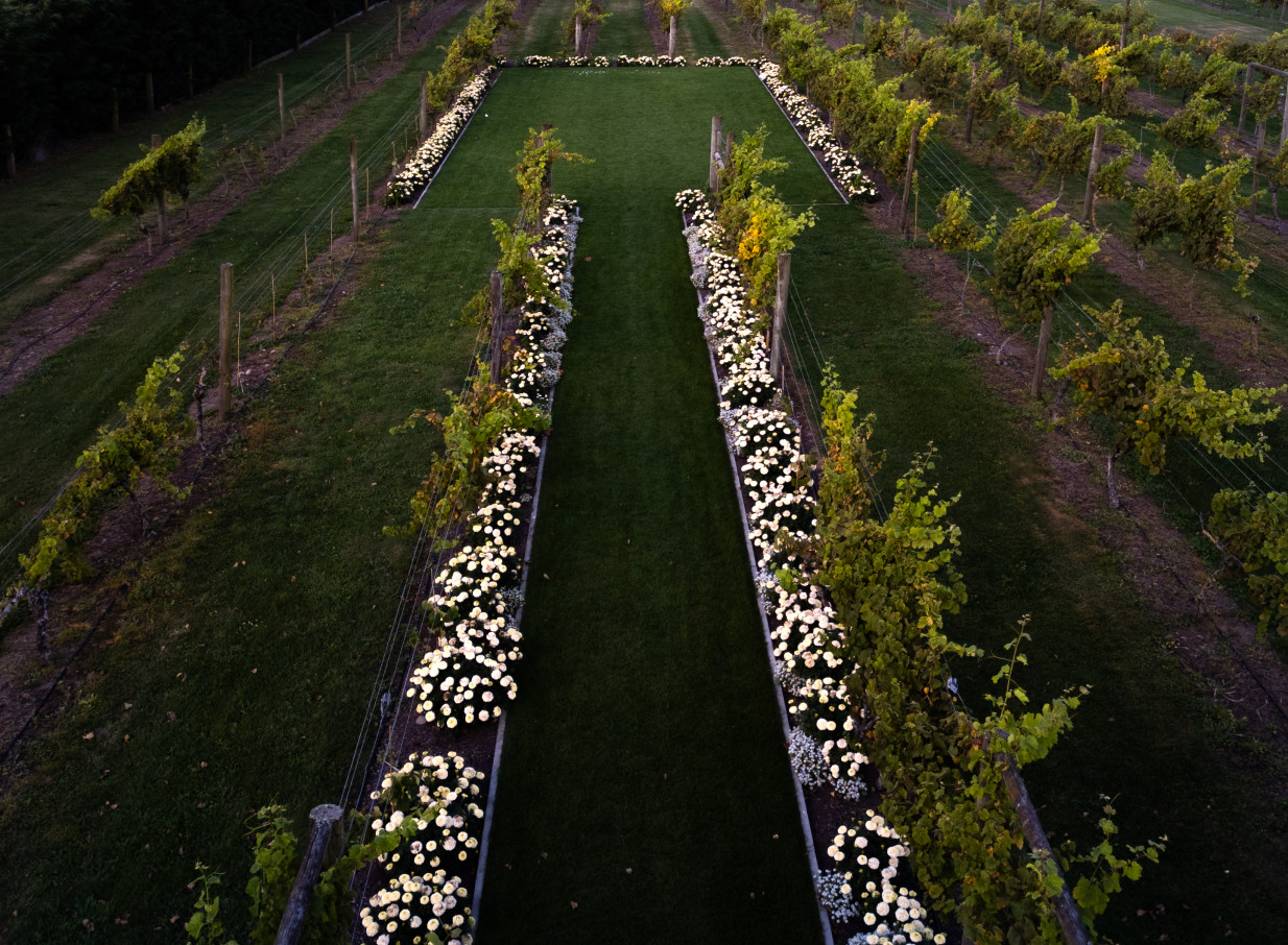 An elegant outdoor ceremony aisle with white flowers winds through the rustic Larcomb Vineyard in Christchurch.