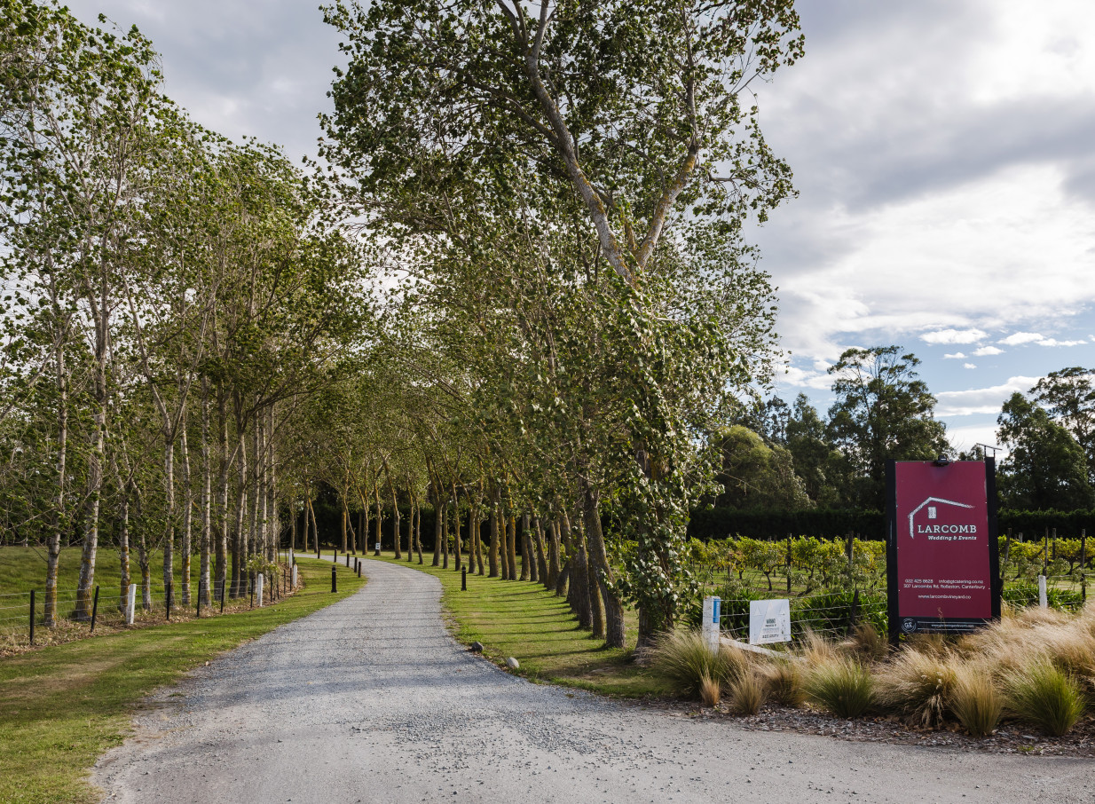 A tree-lined gravel entrance leads to Larcomb Vineyard, a charming and rustic wedding and events venue in Christchurch.