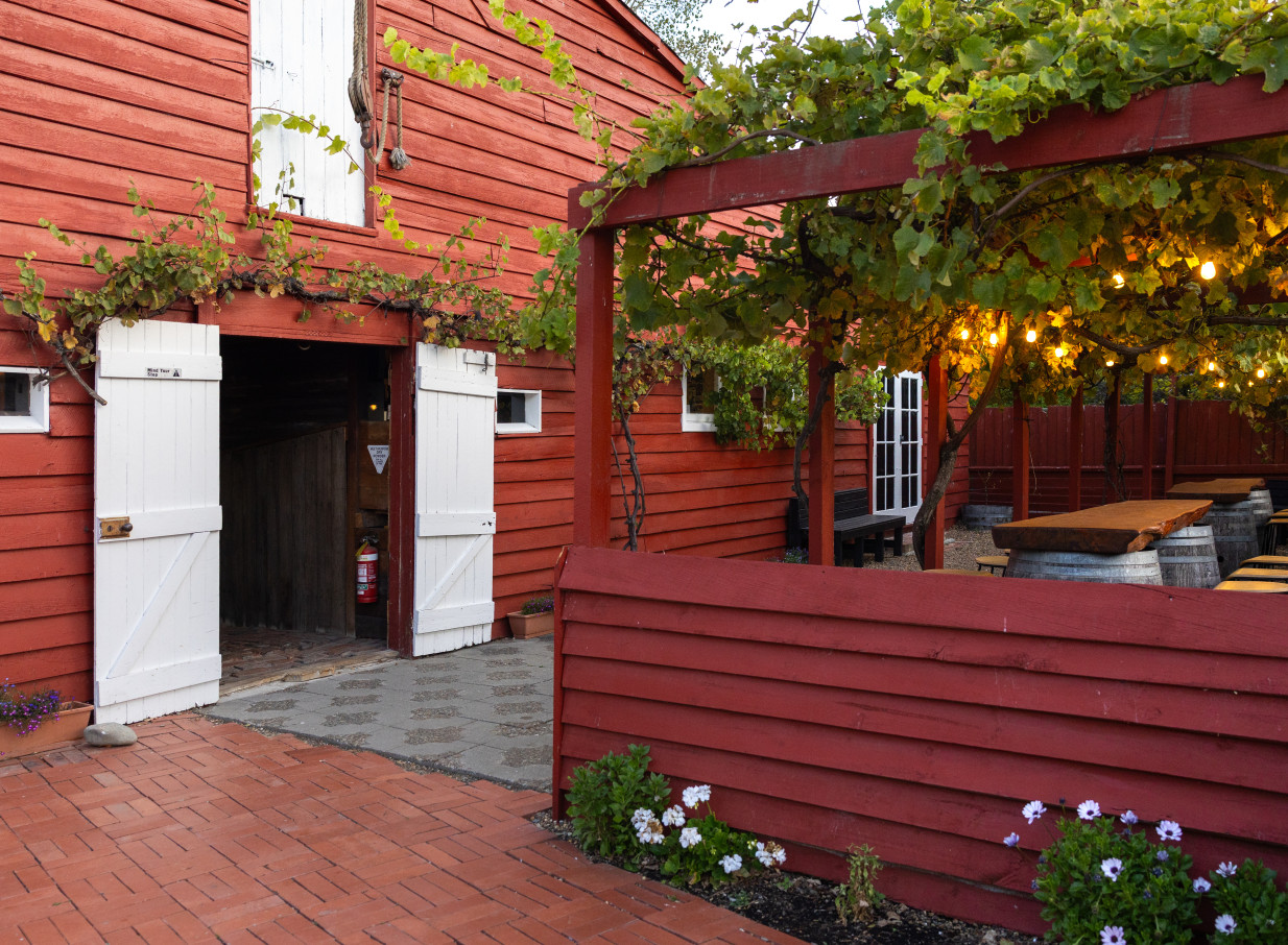 A rustic outdoor dining area with string lights and barrel tables at Larcomb Vineyard's red barn venue, Christchurch.