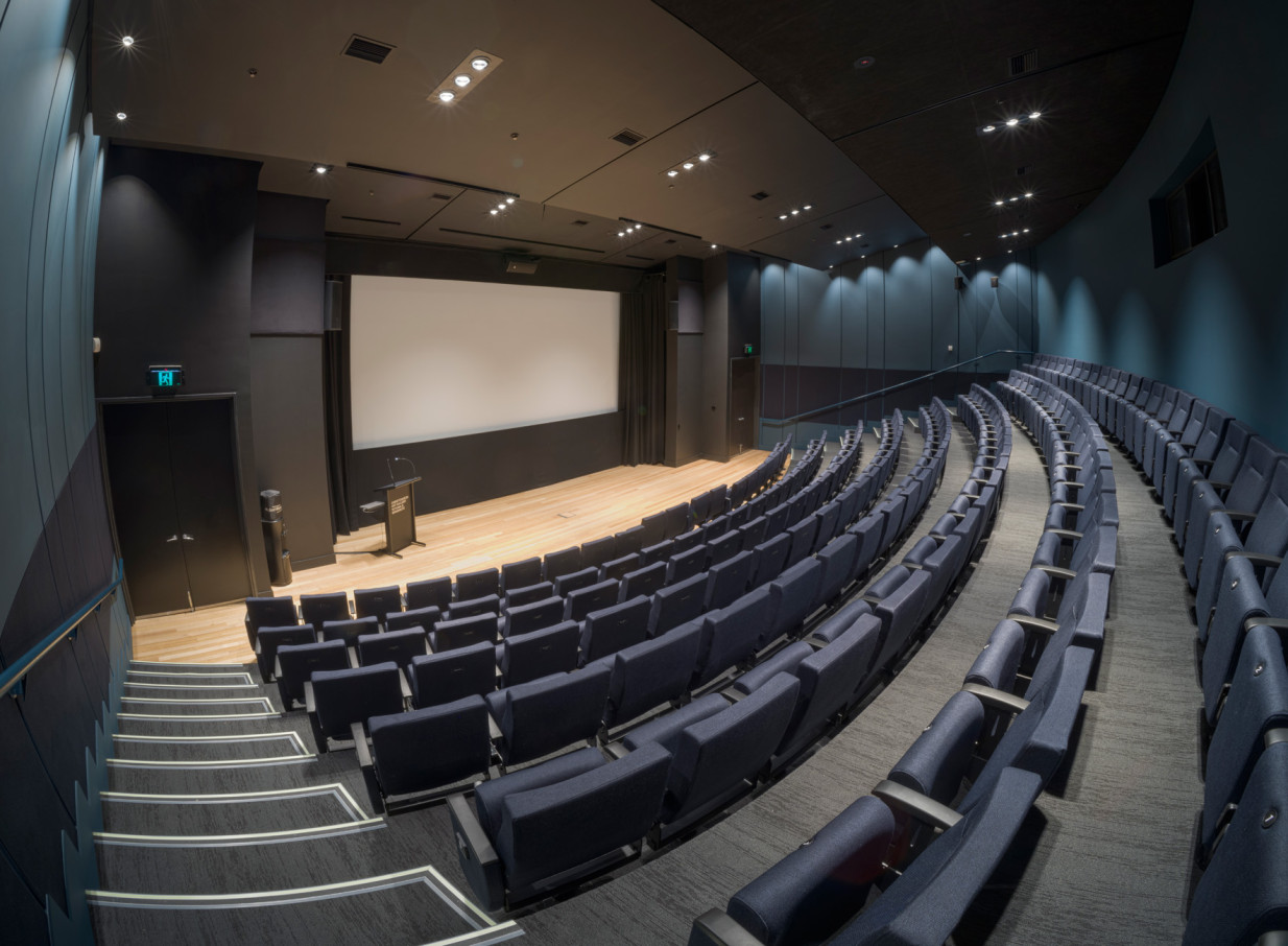 This tiered, state-of-the-art auditorium is part of the modern Christchurch Art Gallery Te Puna o Waiwhetū in Christchurch.