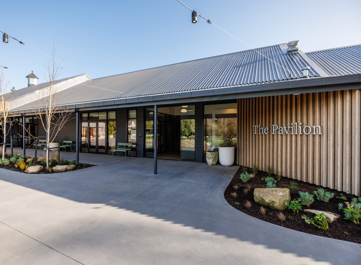 The contemporary-designed Pavilion at Hamilton Gardens offers a versatile event space with sleek grey and wooden exteriors.