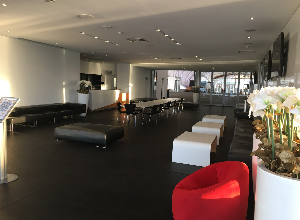 A modern lounge and reception area with contemporary furnishings inside The Cloud, Auckland's unique waterfront event venue.