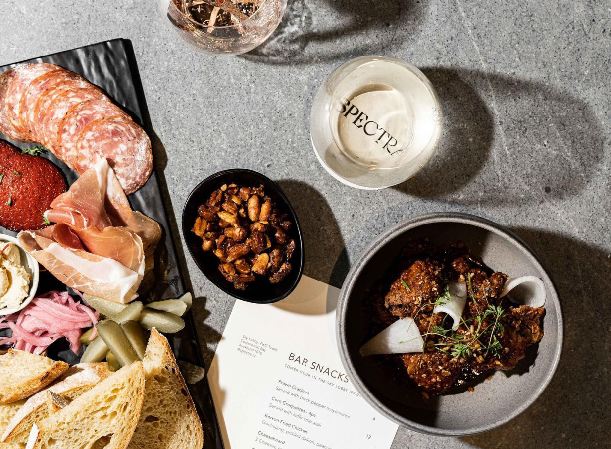 A contemporary bar snack display at SPECTRA, Auckland's sleek corporate cafe in the PwC Tower's airy Sky Lobby.