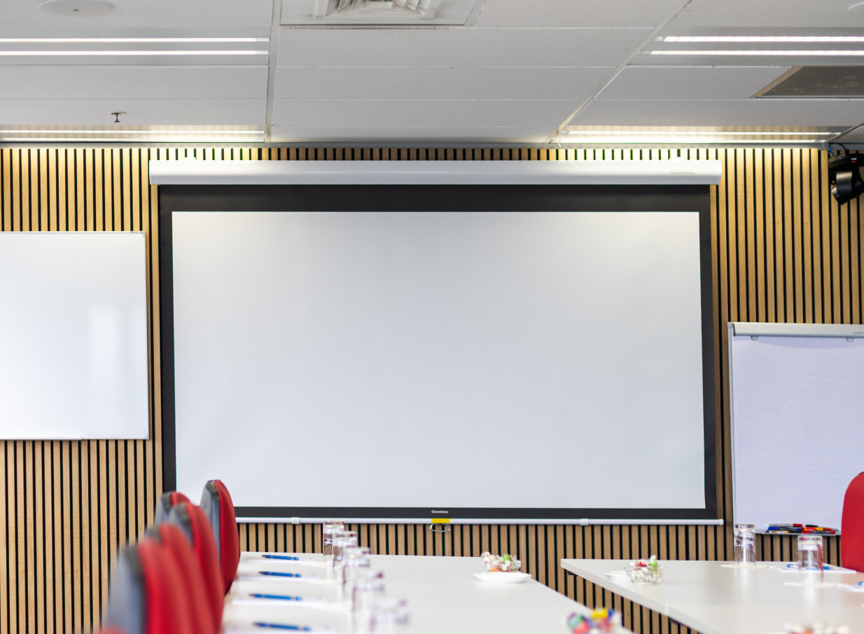 The modern conference room at Willeston Conference Centre, Wellington, features a large screen and functional slatted wood paneling.
