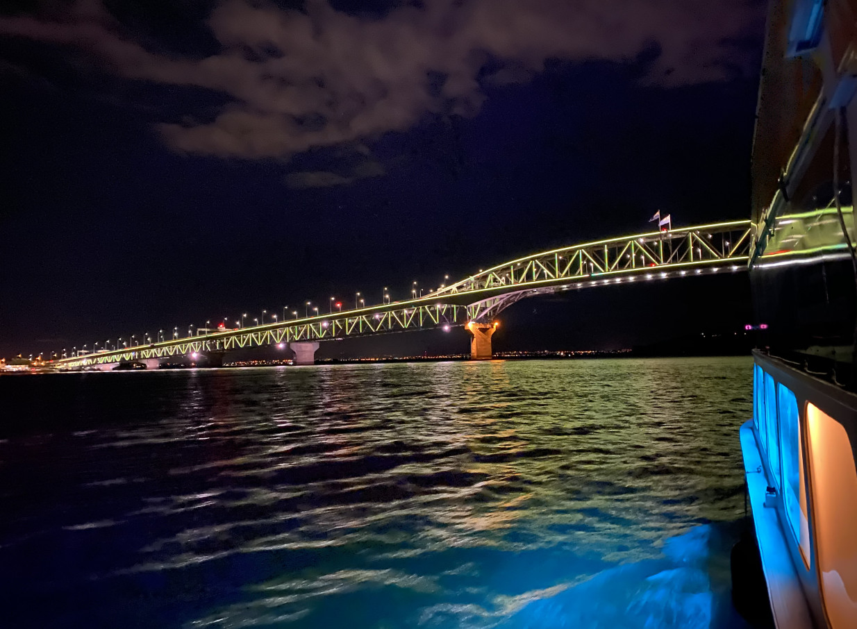 Ocean Groove Cruises offers a vibrant night cruise on Auckland Harbour, featuring views of the spectacularly illuminated Harbour Bridge.