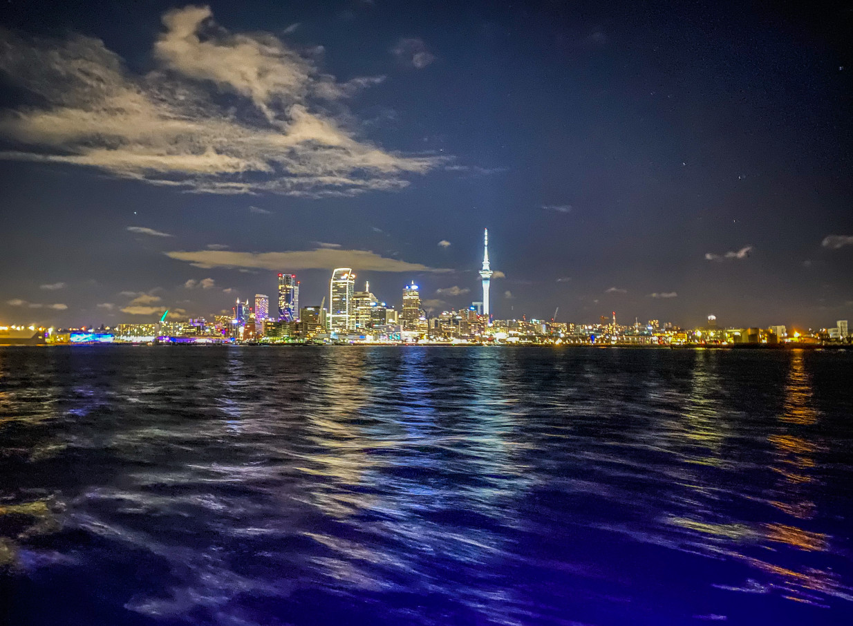 Ocean Groove Cruises offers a night harbour cruise with vibrant views of Auckland's modern skyline and Sky Tower.