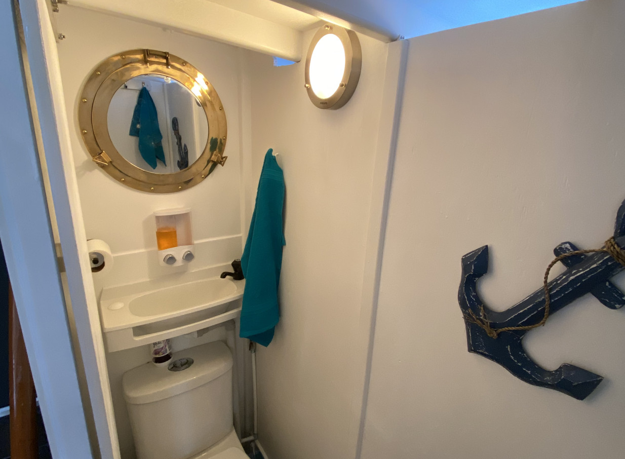 A compact, nautical-themed bathroom with a porthole mirror and anchor decor aboard an Ocean Groove Cruises vessel in Auckland.