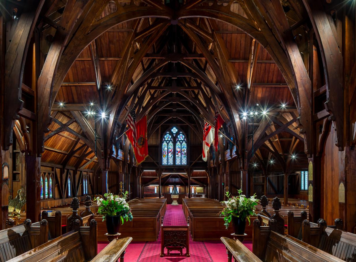 The impressive timber Gothic Revival interior of Old St Paul's in Wellington features a ceiling resembling an upturned ship's hull.