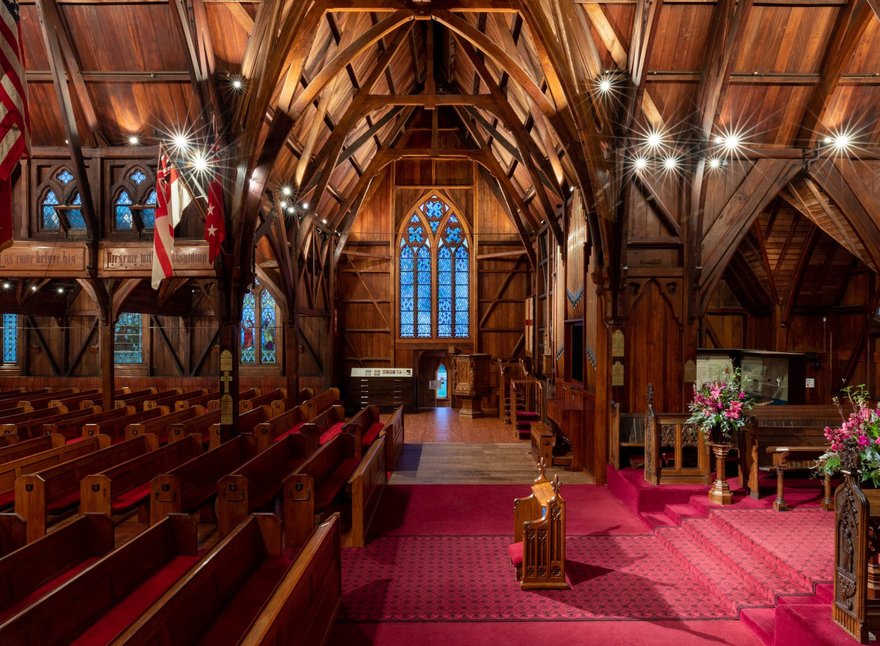 Old St Paul's, Wellington, features its stunning timber Gothic Revival interior with a vaulted wooden ceiling, pews, and stained glass.